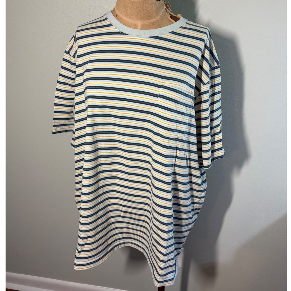 Lands End Mens XL Striped Pocket T-Shirt Blue Yellow White Short Sleeve Tee